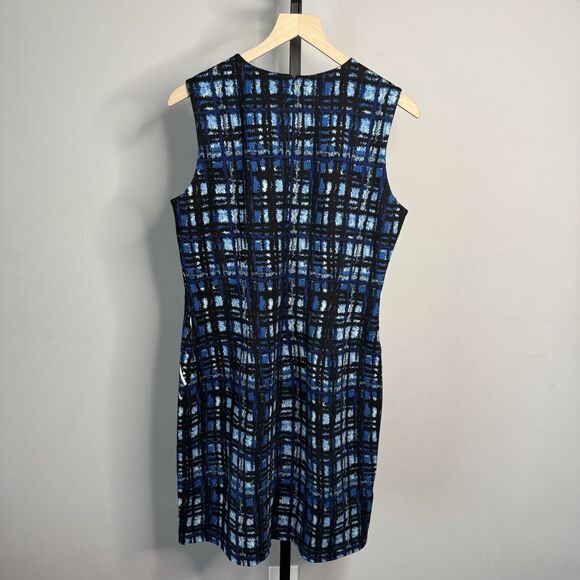 J. McLaughlin Blue/Black Abstract Plaid Printed Scuba Sheath Dress Large - Picture 3 of 6